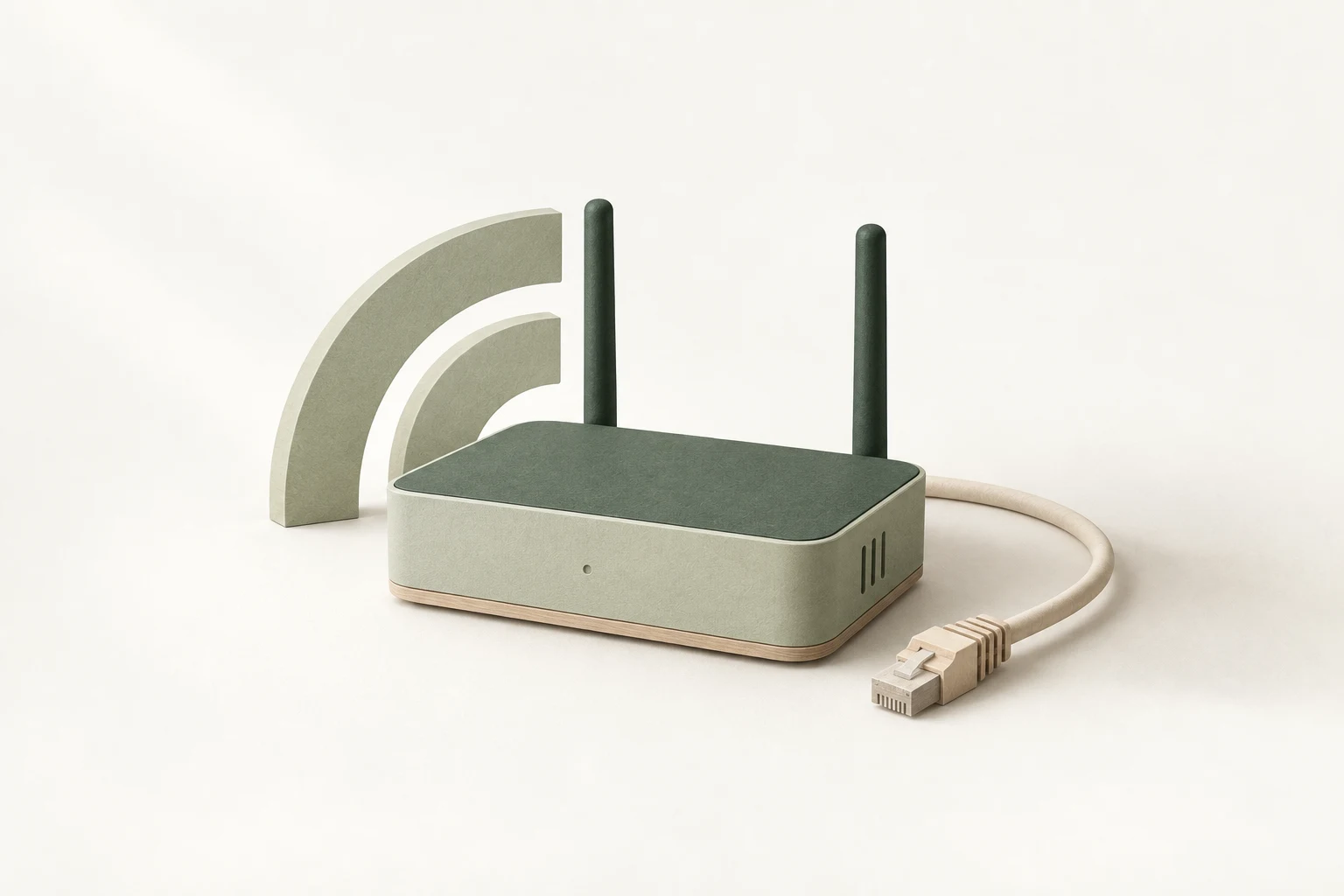 Illustration av en grön router och nätverkskabel