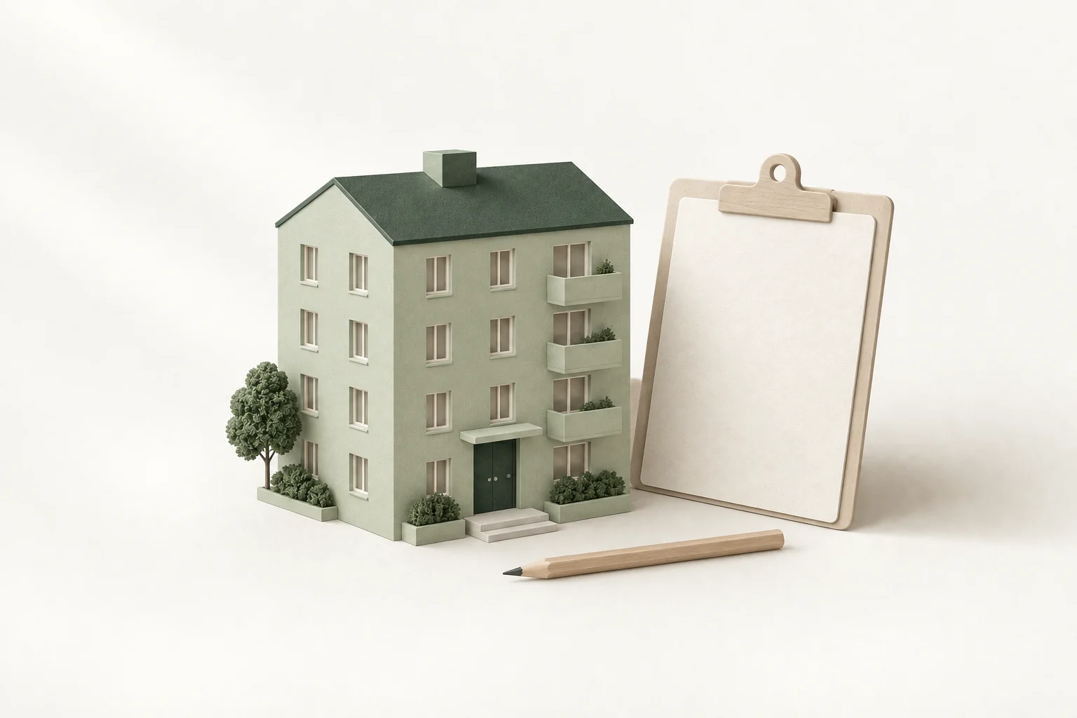 Illustration av bostadshus, serviceblock och penna