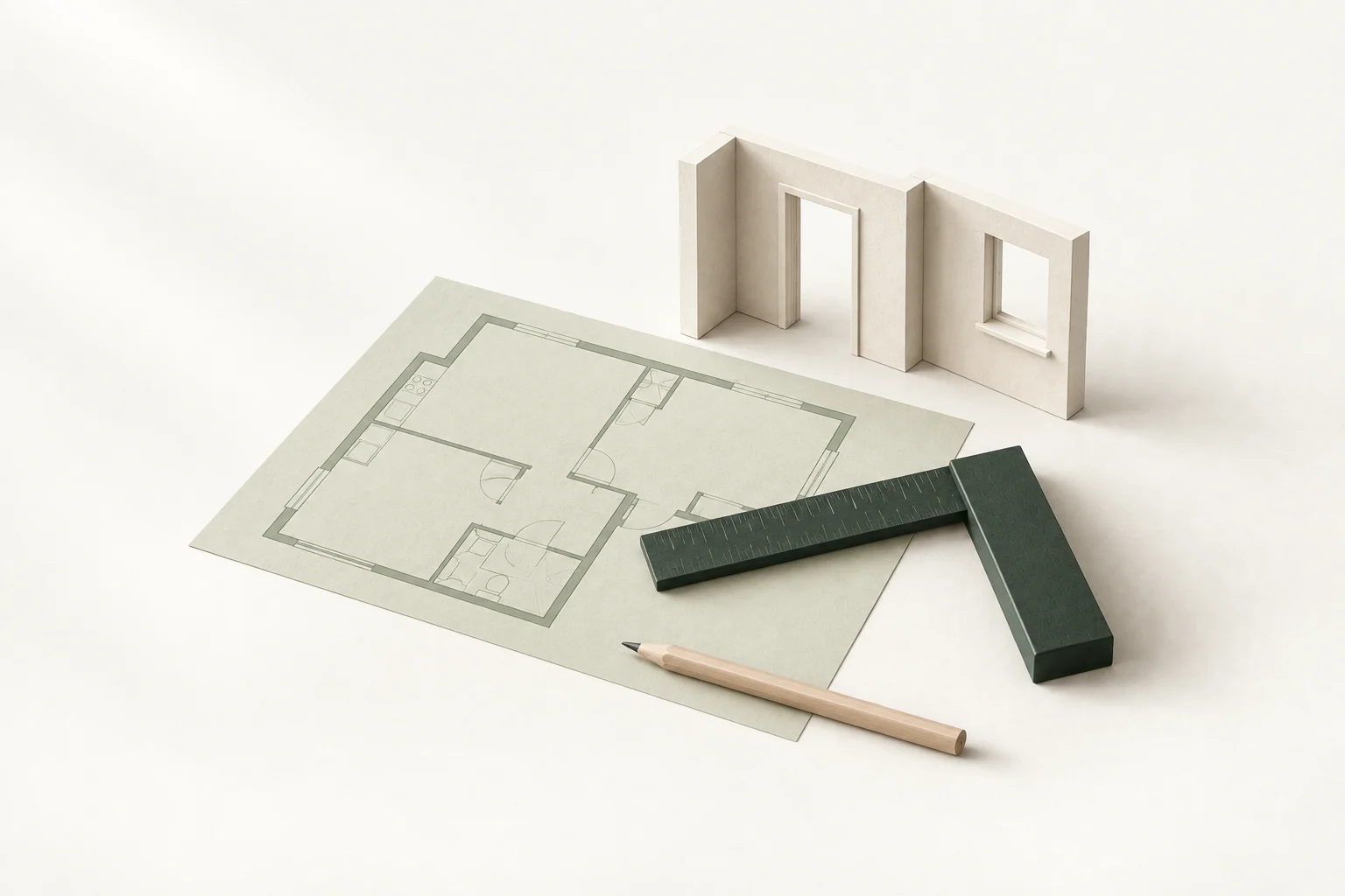 Illustration av planritning och renoveringsverktyg