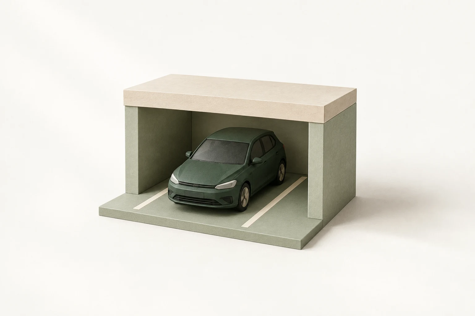 Illustration av en bil i ett garage, utformad som en arkitekturmodell