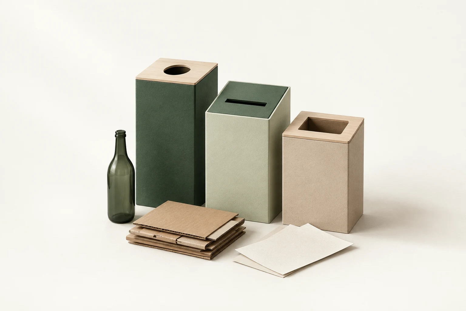 Illustration av sorteringskärl, glas, kartong och papper i gröna naturtoner